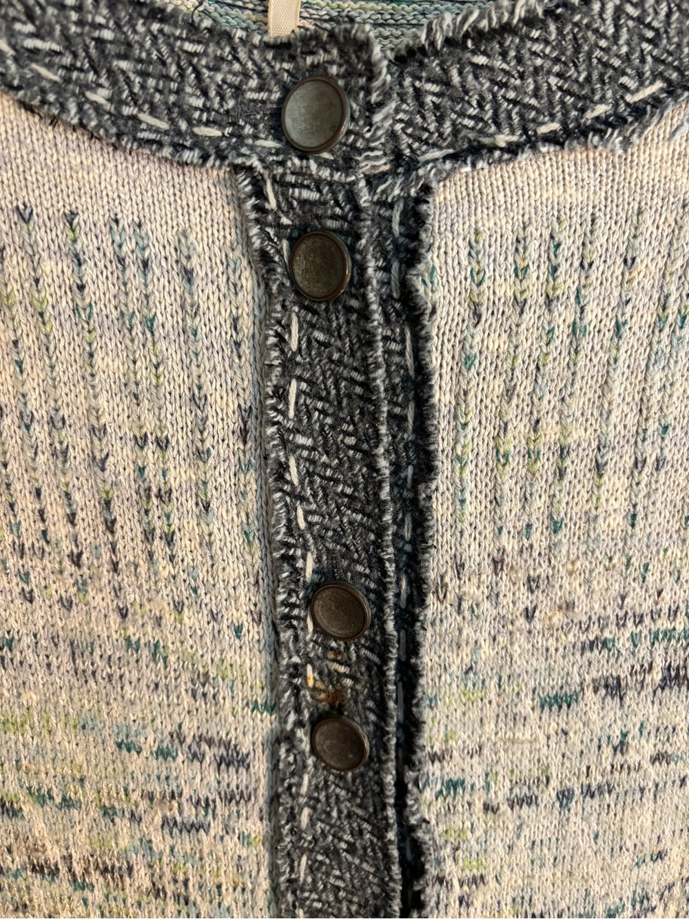 Free People Crewneck Knit Denim/Ivory colored Cardigan Sweater - Picture 3 of 9
